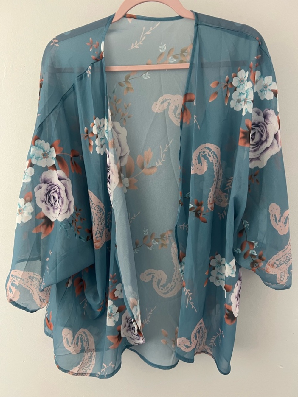 Sheer Floral Kimono Cover-Up cardigan in Teal Blue